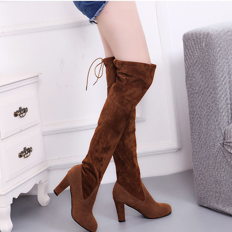 Leather High Heels Lace up Boots